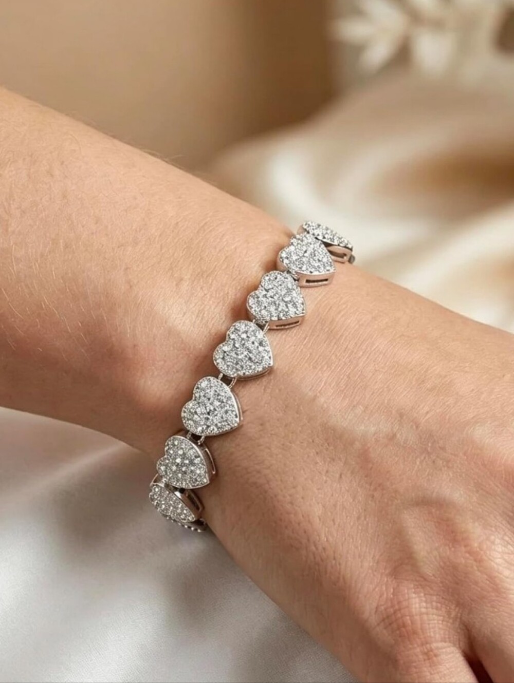 Silver Heart Link Bracelet - Sparkling Pavé Hearts